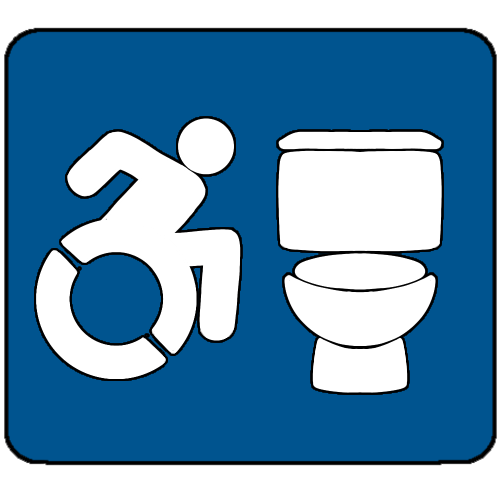 a blue bathroom sign. on the left is the accessible disability icon, a person in a wheelchair who is leaning forward, and on the right is a symbol of a toilet.